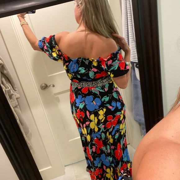 Rixo Target Floral Off Shoulder Puff Sleeve Dress Black Multicolor - Picture 6 of 10